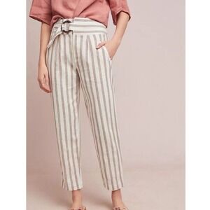 By Anthropologie Striped Linen Blend High Waisted Belted Pants Sz 6 Cream Brown